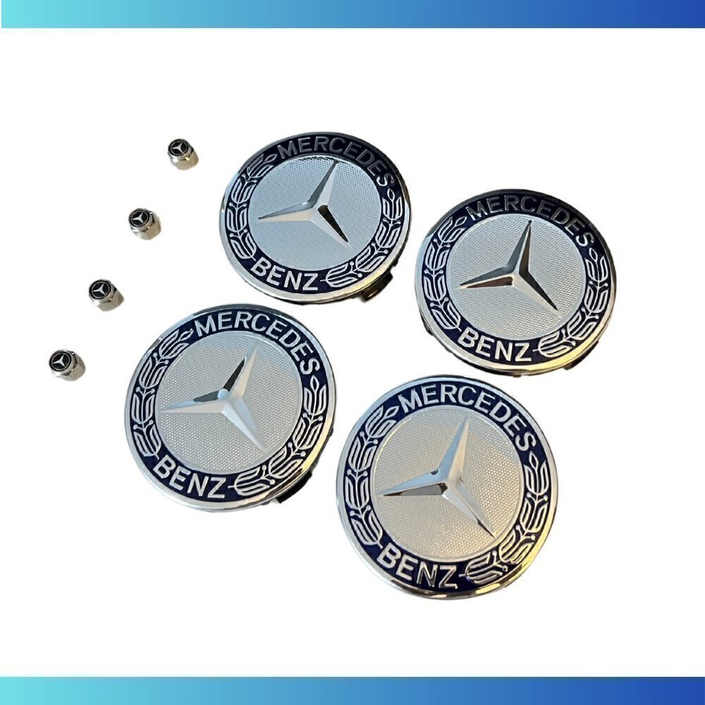 75mm Blue Wheel Center Caps + Silver Tire Valve Caps Compatible w/ MB Vehicles